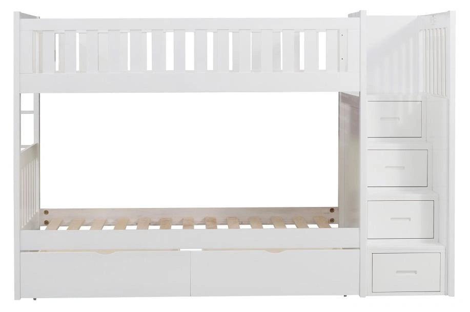 Galen Bunk Bed w/ Reversible Step Storage and Storage Boxes in White B2053SBW-1*T