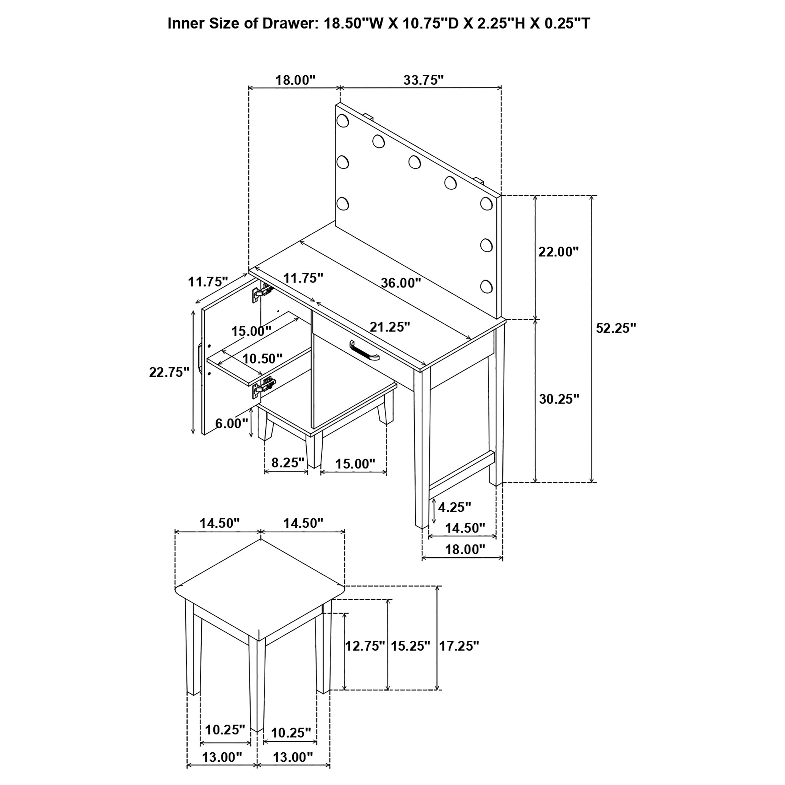 Elijah Makeup Vanity Table with LED Mirror and Stool