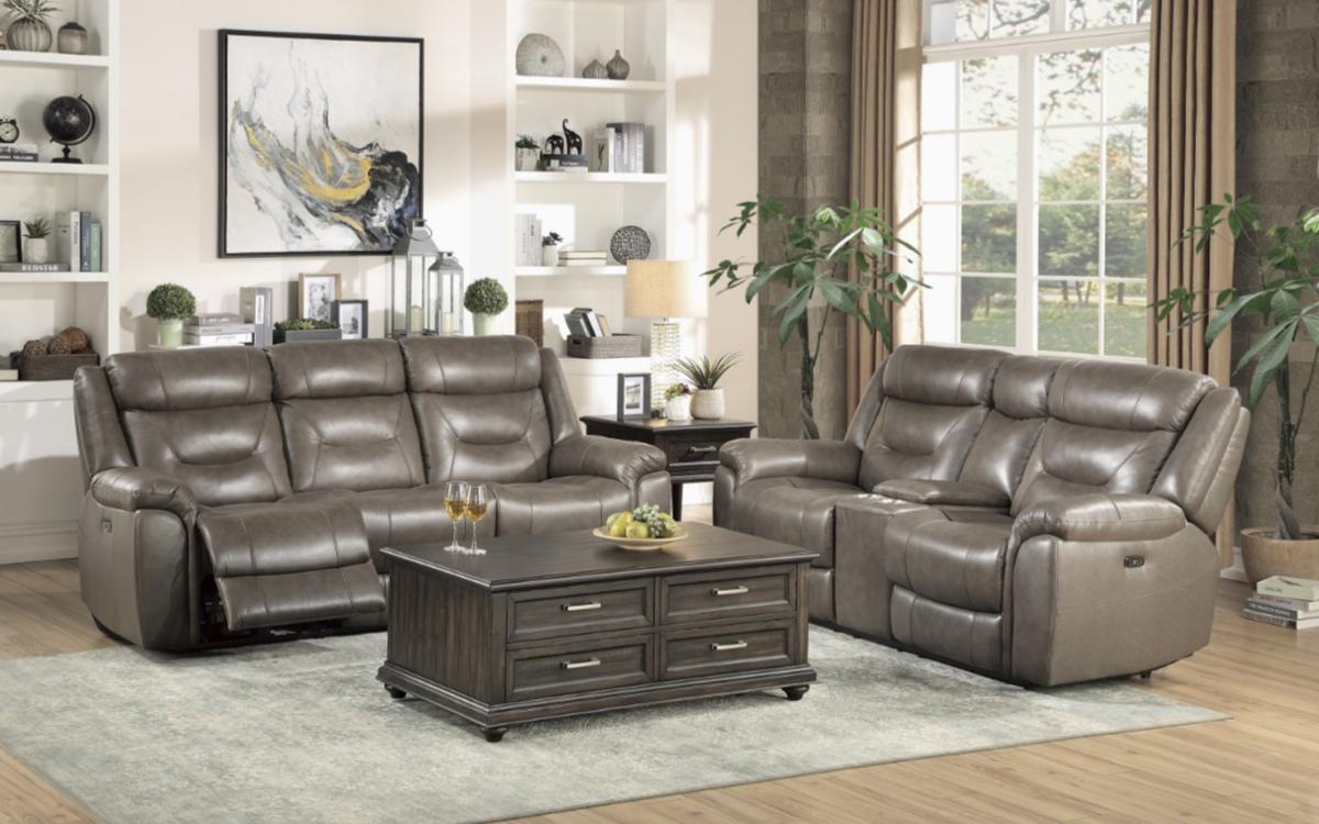 Danio Power Double Reclining Sofa with Power Headrests in Brownish Gray 9528BRG-3PWH