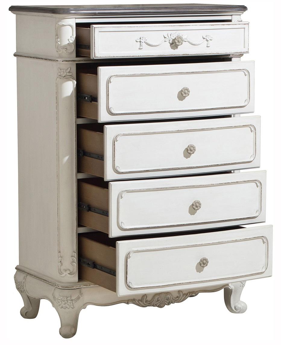 Cinderella 5 Drawer Chest in Antique White with Grey Rub-Through